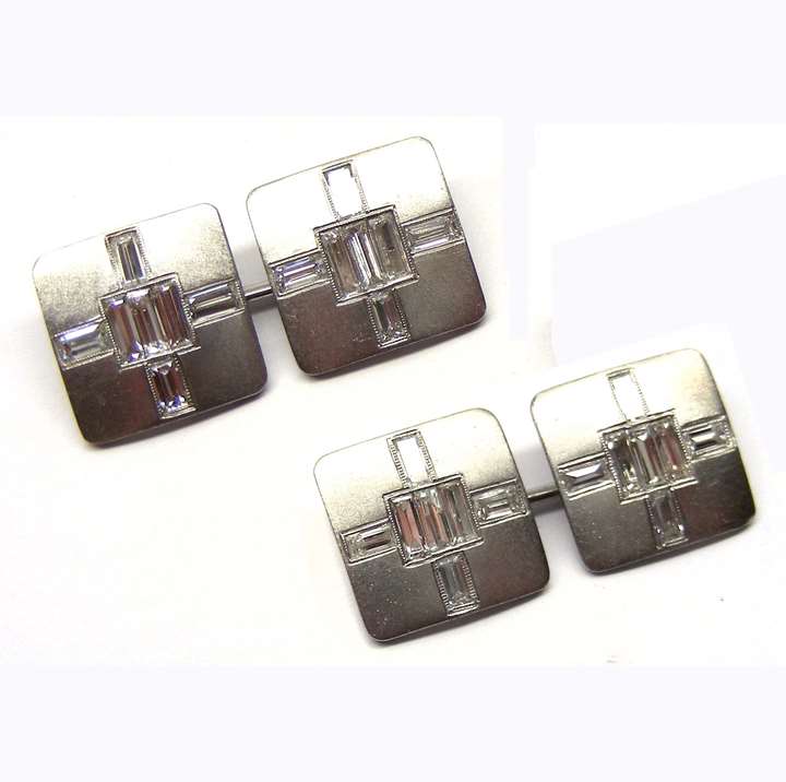 Pair of diamond and platinum square panel cufflinks